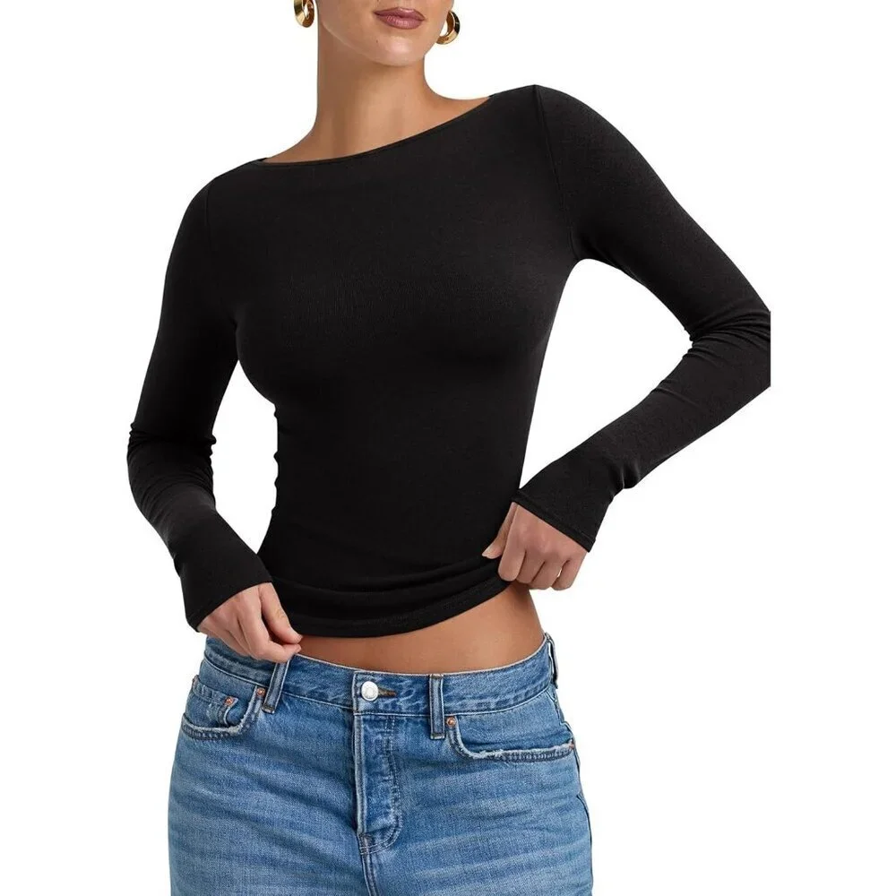Women's Long Sleeve Boat Neck Top Slim Fit Business Casual Versatile Shirt